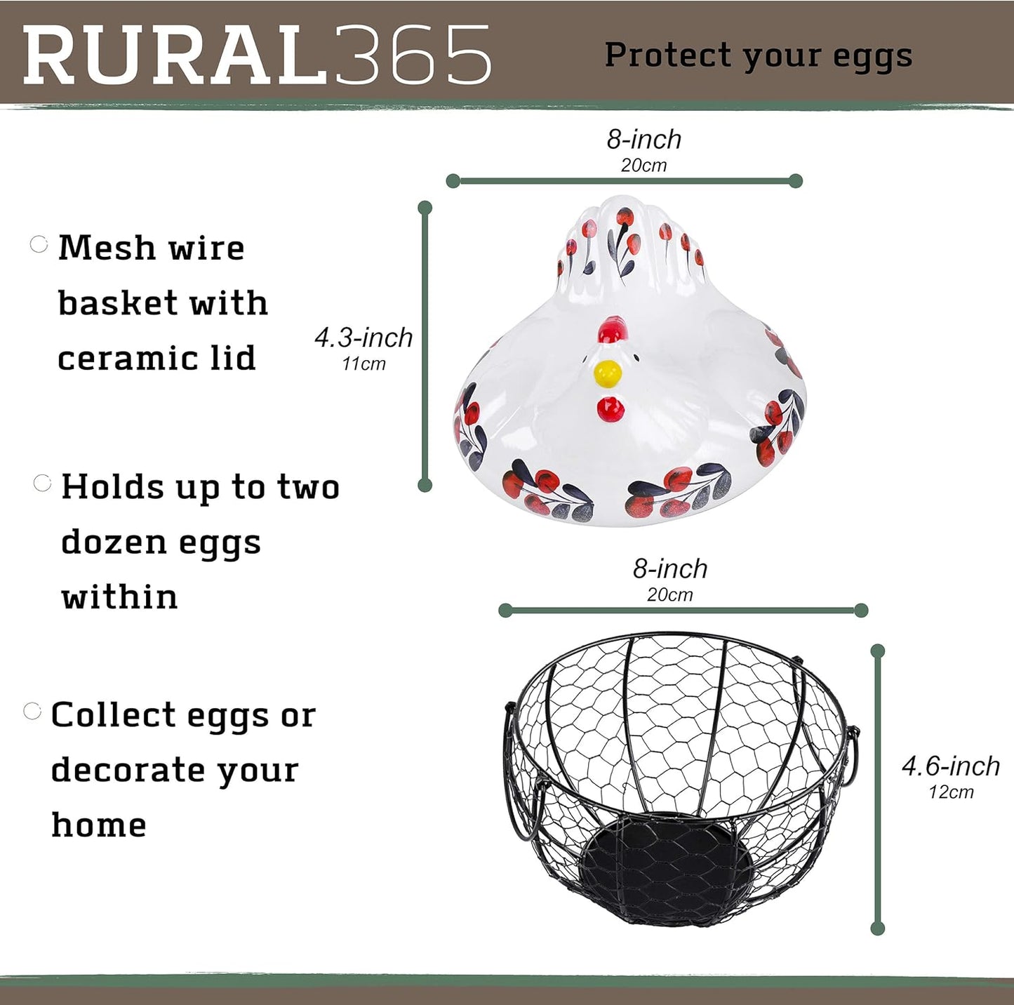 Ceramic Chicken Egg Basket – Navy & Red Farmhouse Storage with Wire Base