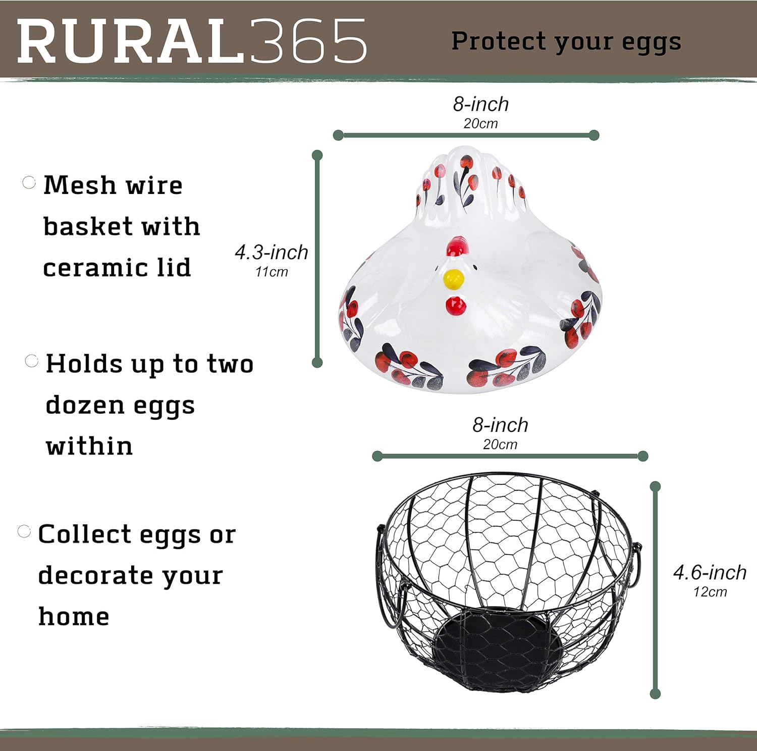 Ceramic Chicken Egg Basket – Navy & Red Farmhouse Storage with Wire Base