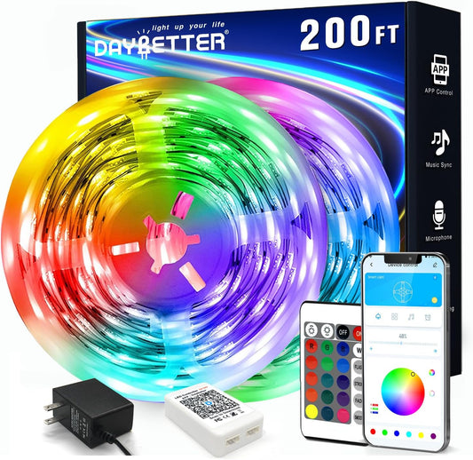 Smart LED Strip Lights 200Ft – 2 Rolls of 100Ft RGB Color Changing Lights with Remote & App Control, Music Sync for Bedroom & Party Decor