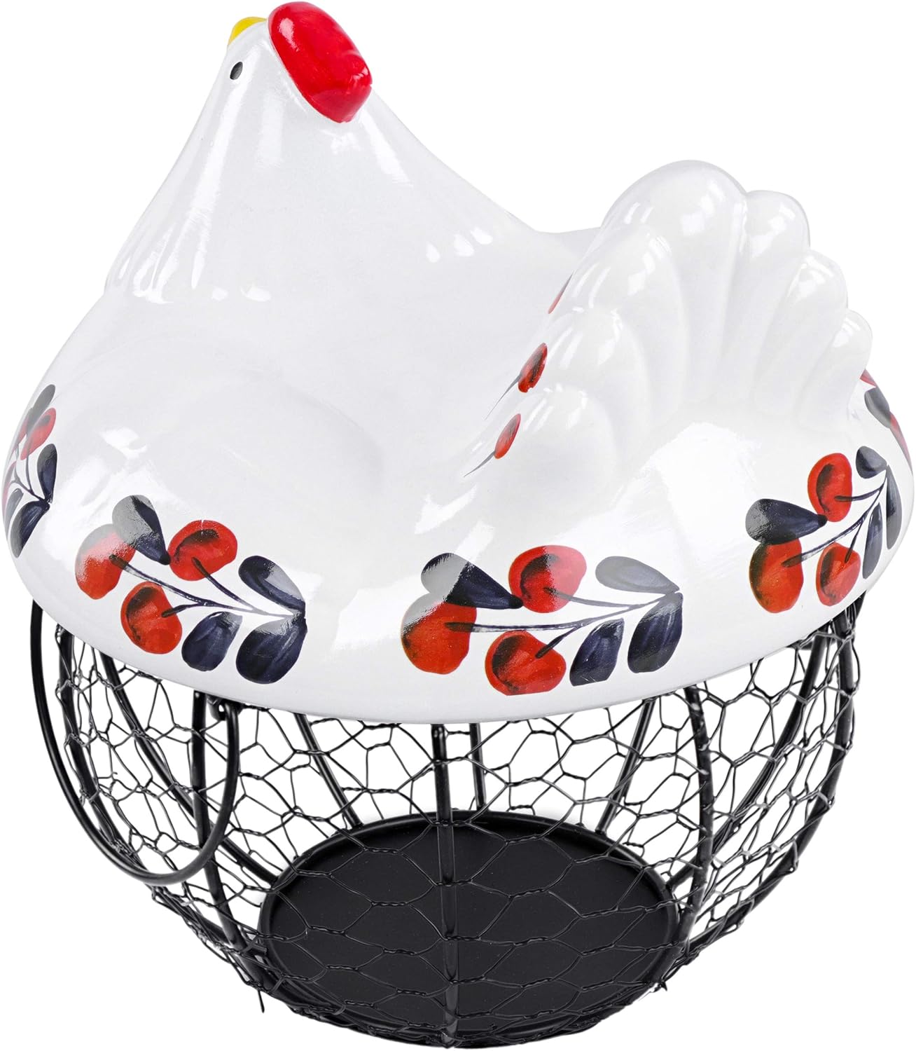 Ceramic Chicken Egg Basket – Navy & Red Farmhouse Storage with Wire Base