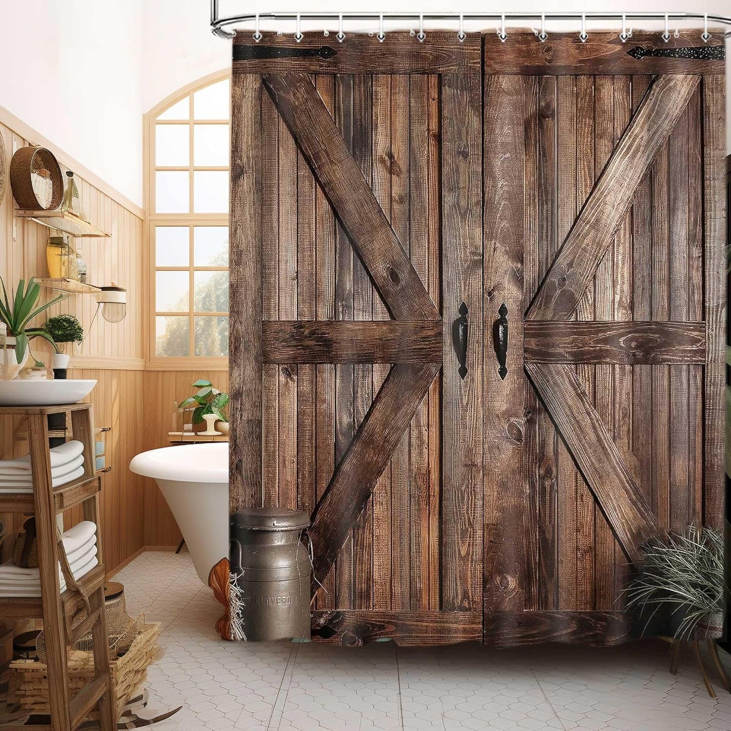 Rustic Barn Door Shower Curtain Set - Farmhouse-Inspired Waterproof Bathroom Decor with Hooks, 70 x 72 Inches