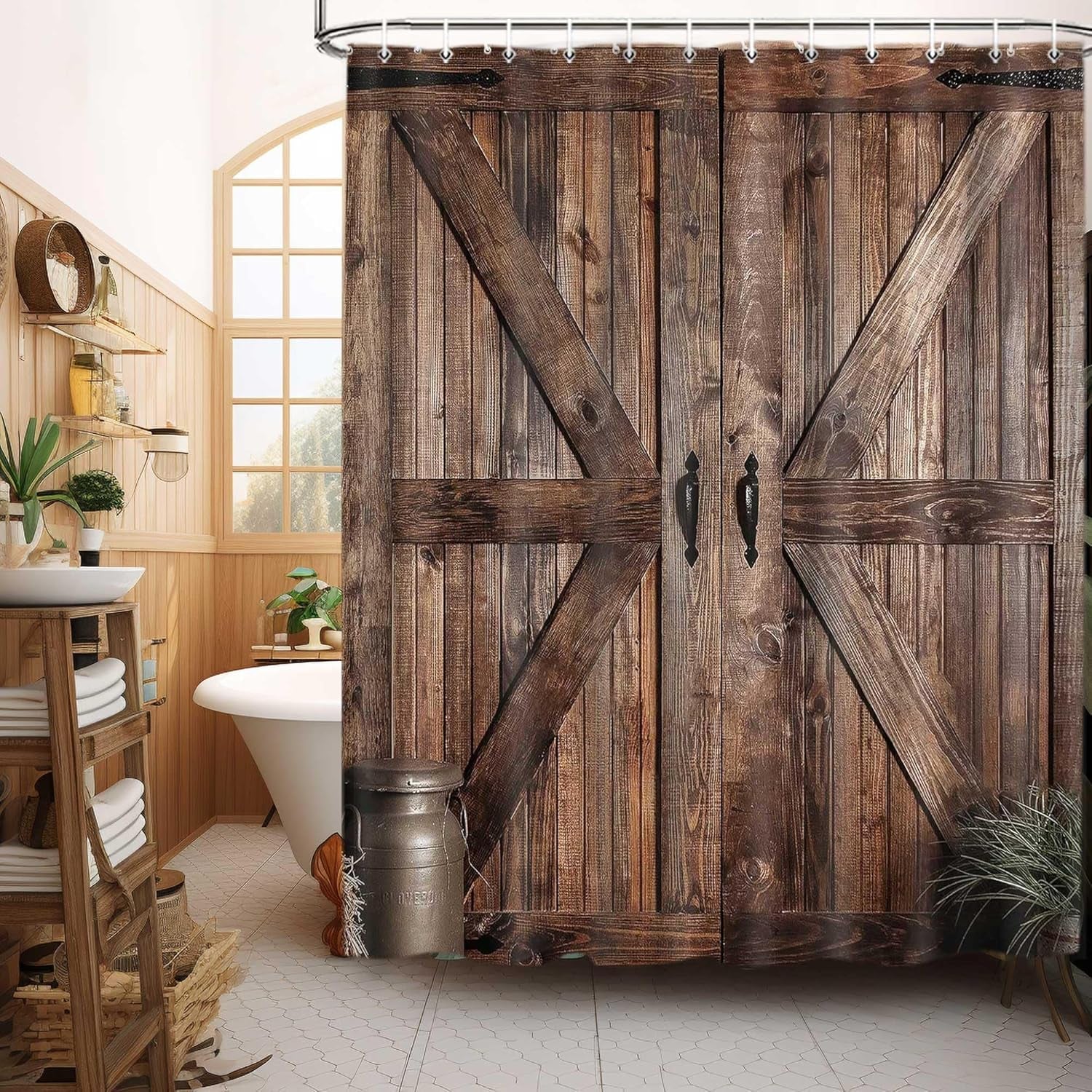 Rustic Barn Door Shower Curtain Set - Farmhouse-Inspired Waterproof Bathroom Decor with Hooks, 70 x 72 Inches