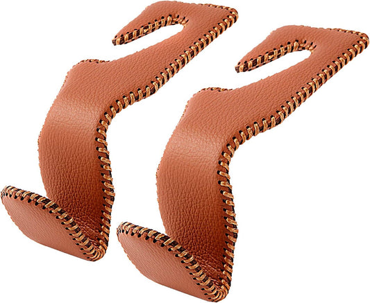 Purse Hook for Car, Superior Leather Headrest Hanger Matching Cars Interior, Brown Back Seat Organizer Storage Holder