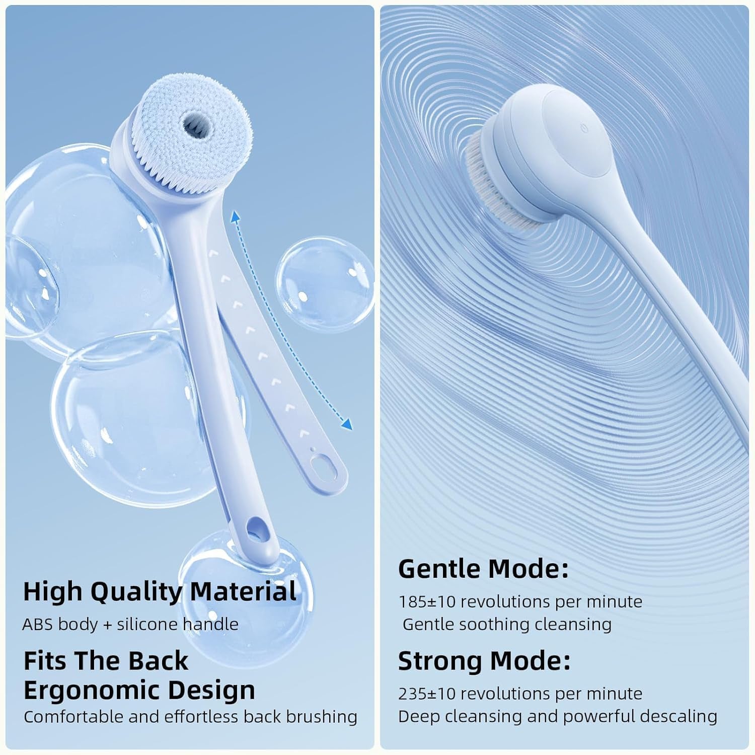 Electric Body Brush Back Scrubber for Shower, Waterproof Long Dual Handle Power Body Scrubber with 3 Heads, Rechargeable Bath Brush & 2 Speeds, for Cleansing, Exfoliating and Massaging Skin