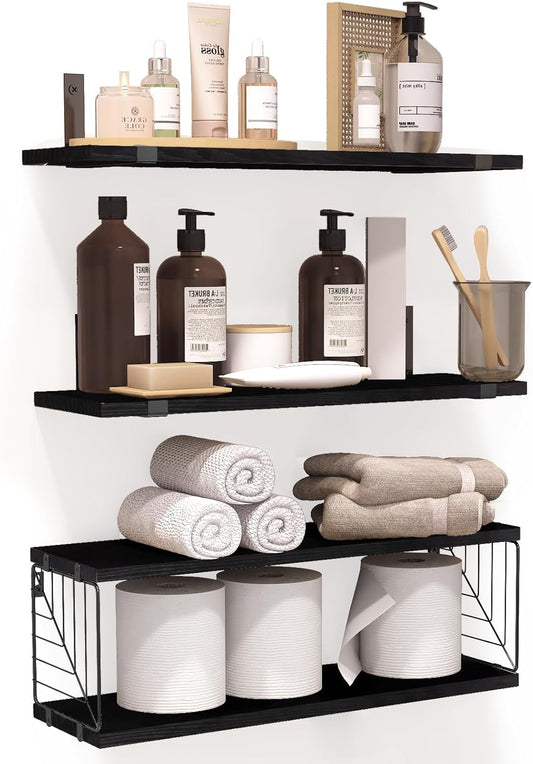 3+1 Tier Bathroom Floating Shelves over Toilet, 15.8In Farmhouse Rustic Wood Shelves, Wall Decor for Bathroom, Living Room,Bedroom and Kitchen (Black)