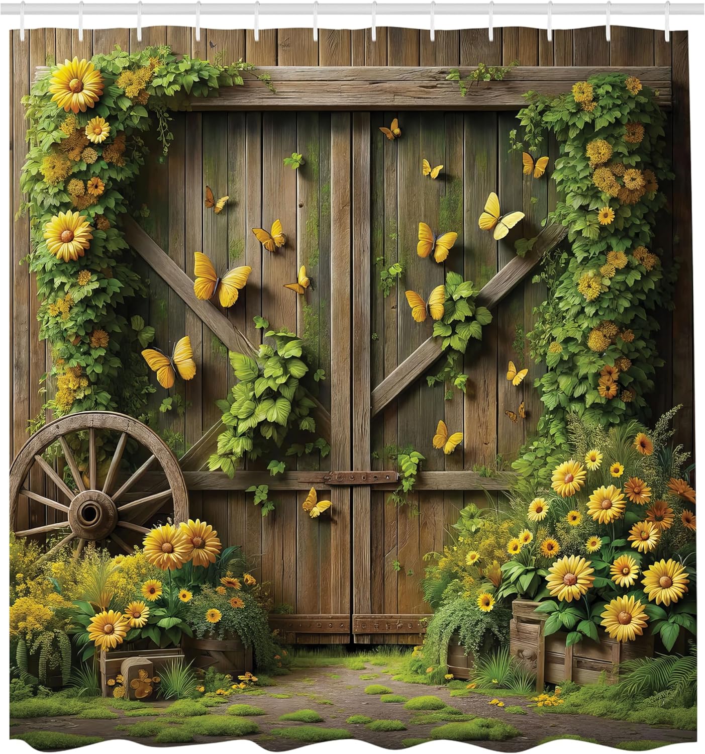 Rustic Floral Barn Door Shower Curtain – 69x70 Inch Farmhouse Fabric Bathroom Decor with Summer Blooms & Hooks, Fern Green/Yellow/Sepia