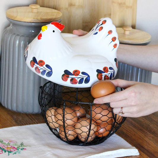 Ceramic Chicken Egg Basket – Navy & Red Farmhouse Storage with Wire Base