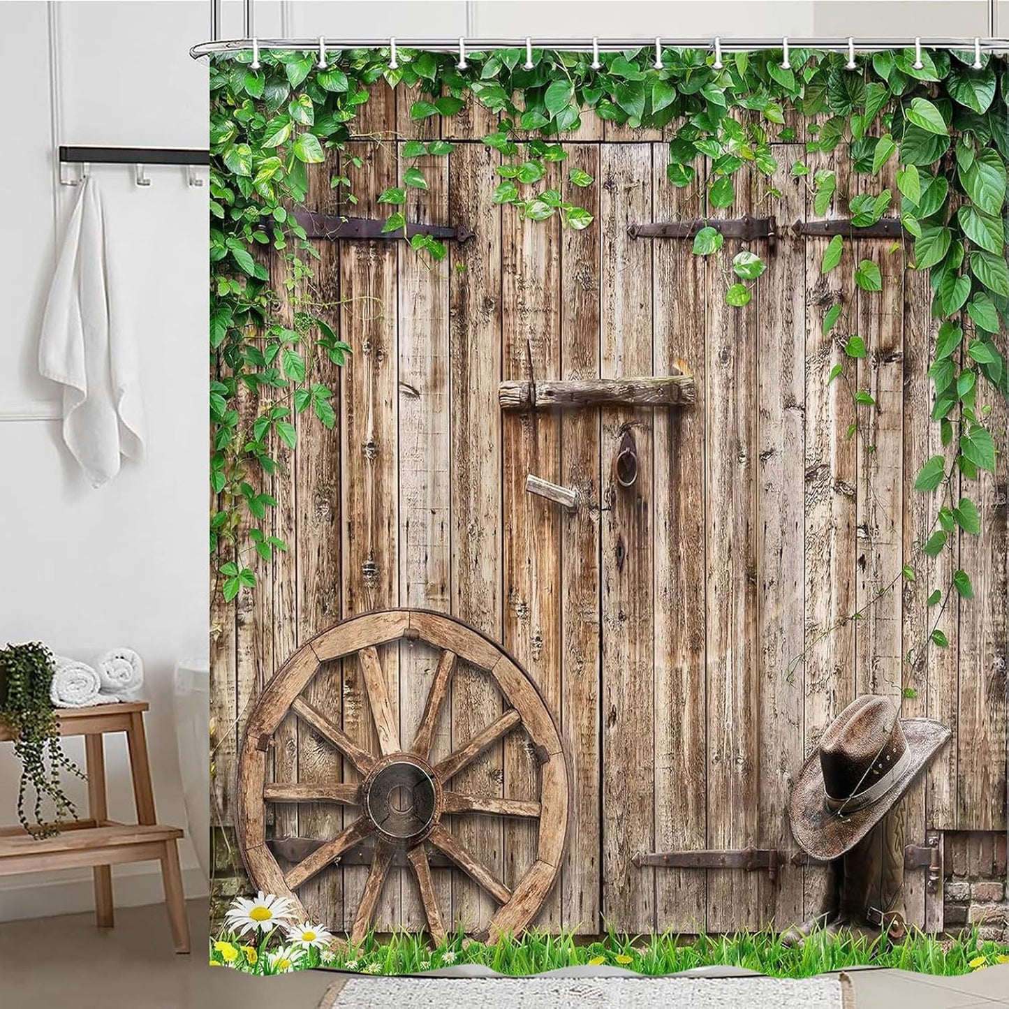 Rustic Barn Door Shower Curtain Set - Farmhouse-Inspired Waterproof Bathroom Decor with Hooks, 70 x 72 Inches