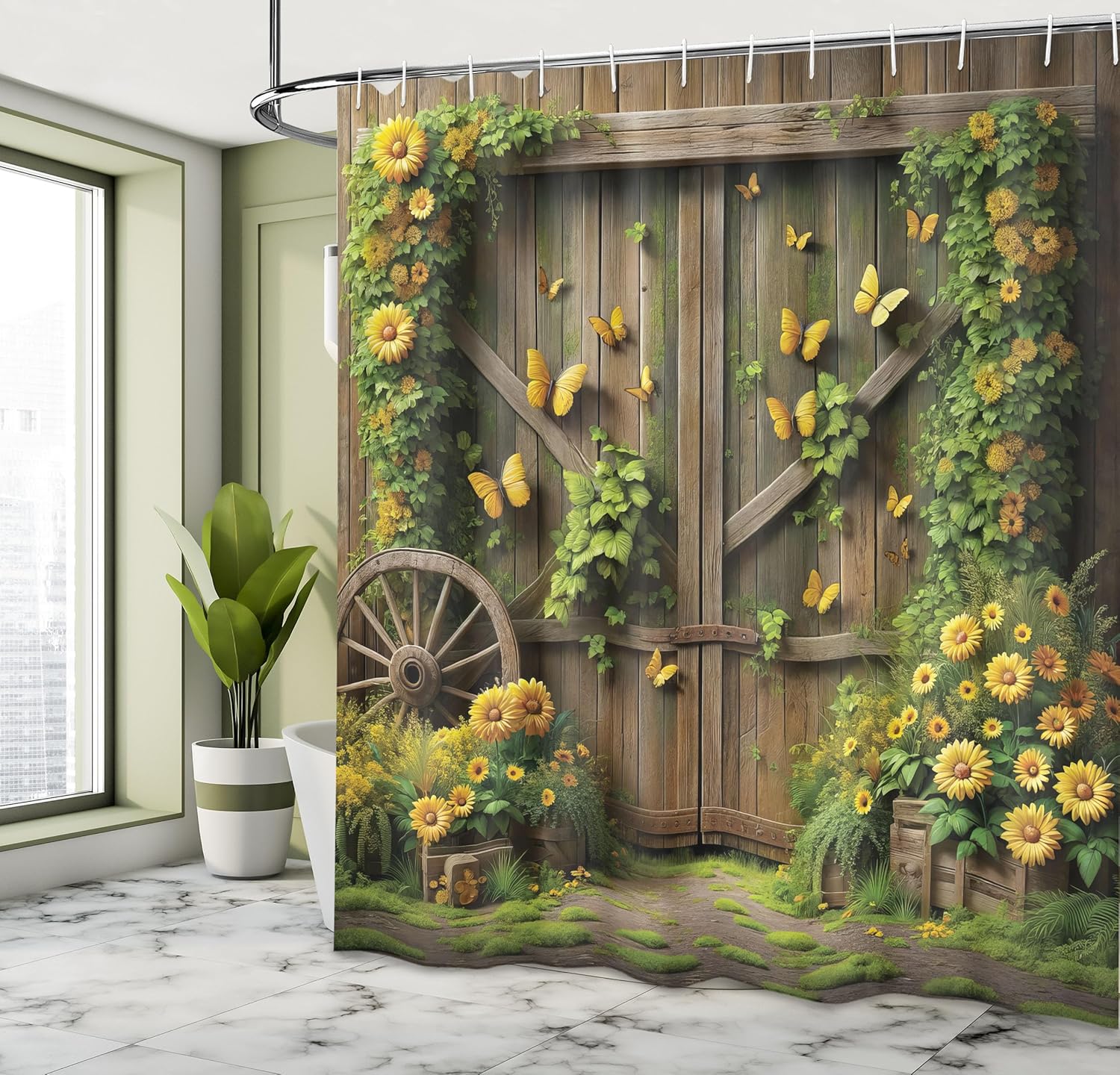 Rustic Floral Barn Door Shower Curtain – 69x70 Inch Farmhouse Fabric Bathroom Decor with Summer Blooms & Hooks, Fern Green/Yellow/Sepia