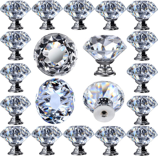 12-Pack Clear Crystal Cabinet Knobs – 30mm Glass Drawer Pulls with Silver Base