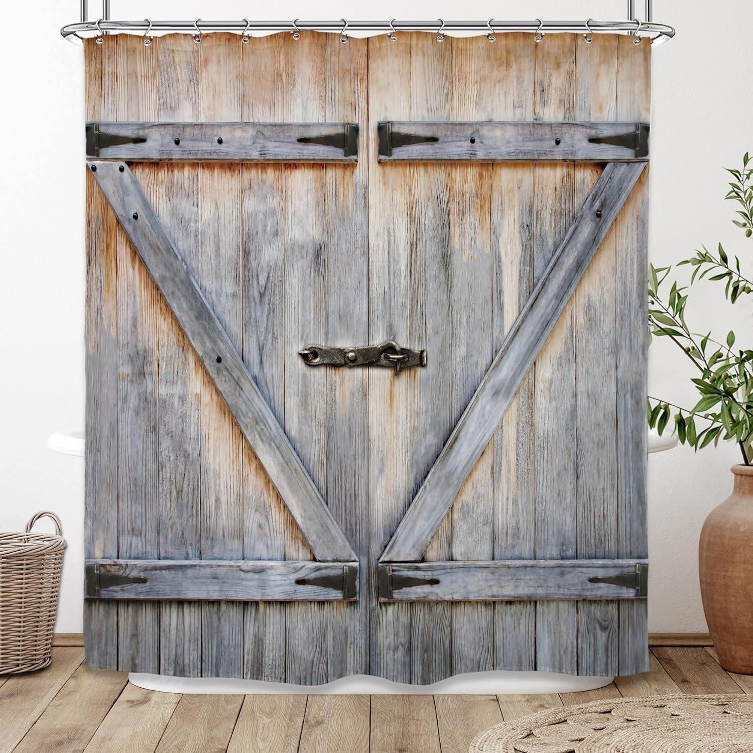 Rustic Barn Door Shower Curtain – 54x78 Inch Farmhouse Style Fabric, Vintage Wood Plank Look, Waterproof Polyester with 12 Hooks, Bathroom Decor