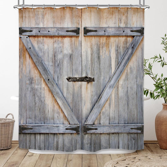 Rustic Barn Door Shower Curtain – 54x78 Inch Farmhouse Style Fabric, Vintage Wood Plank Look, Waterproof Polyester with 12 Hooks, Bathroom Decor