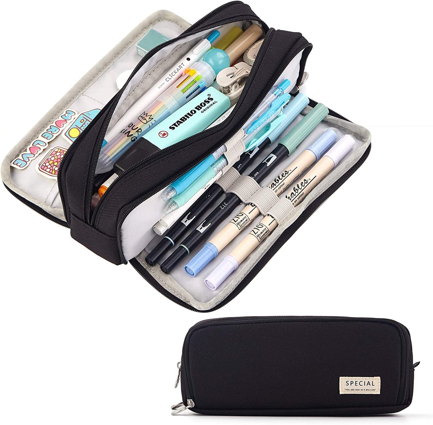 Large Capacity Pencil Case – 3-Zip Compartment Organizer Pouch (Black)