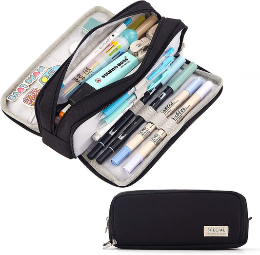 Large Capacity Pencil Case – 3-Zip Compartment Organizer Pouch (Black)