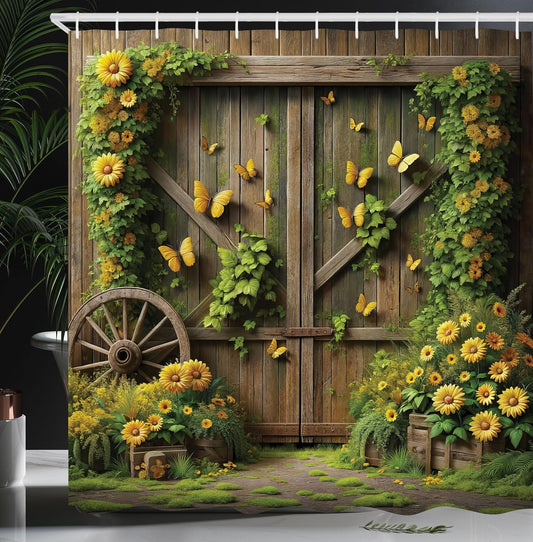 Rustic Floral Barn Door Shower Curtain – 69x70 Inch Farmhouse Fabric Bathroom Decor with Summer Blooms & Hooks, Fern Green/Yellow/Sepia