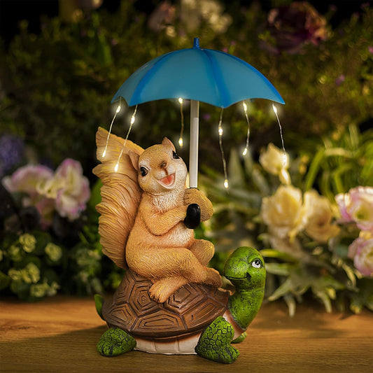 Solar Garden Statue – Squirrel on Turtle with Umbrella & String Lights for Patio & Lawn Decor
