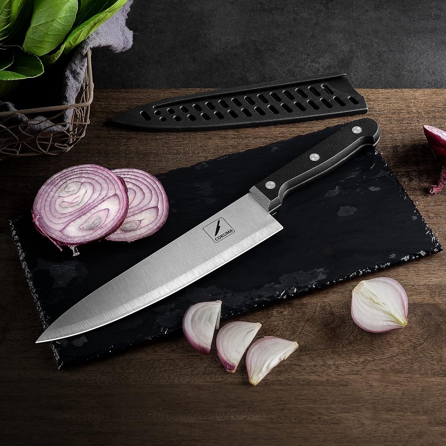 3-Piece Kitchen Knife Set – Stainless Steel Chef, Utility & Paring Knives with Sheaths (Black)