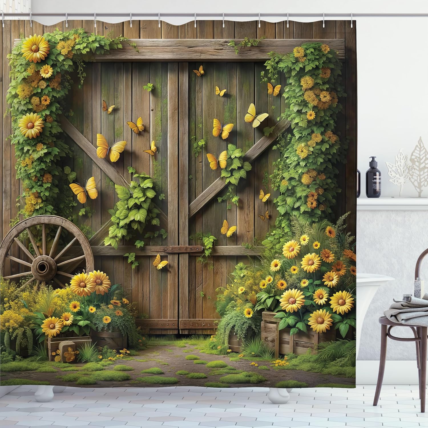 Rustic Floral Barn Door Shower Curtain – 69x70 Inch Farmhouse Fabric Bathroom Decor with Summer Blooms & Hooks, Fern Green/Yellow/Sepia