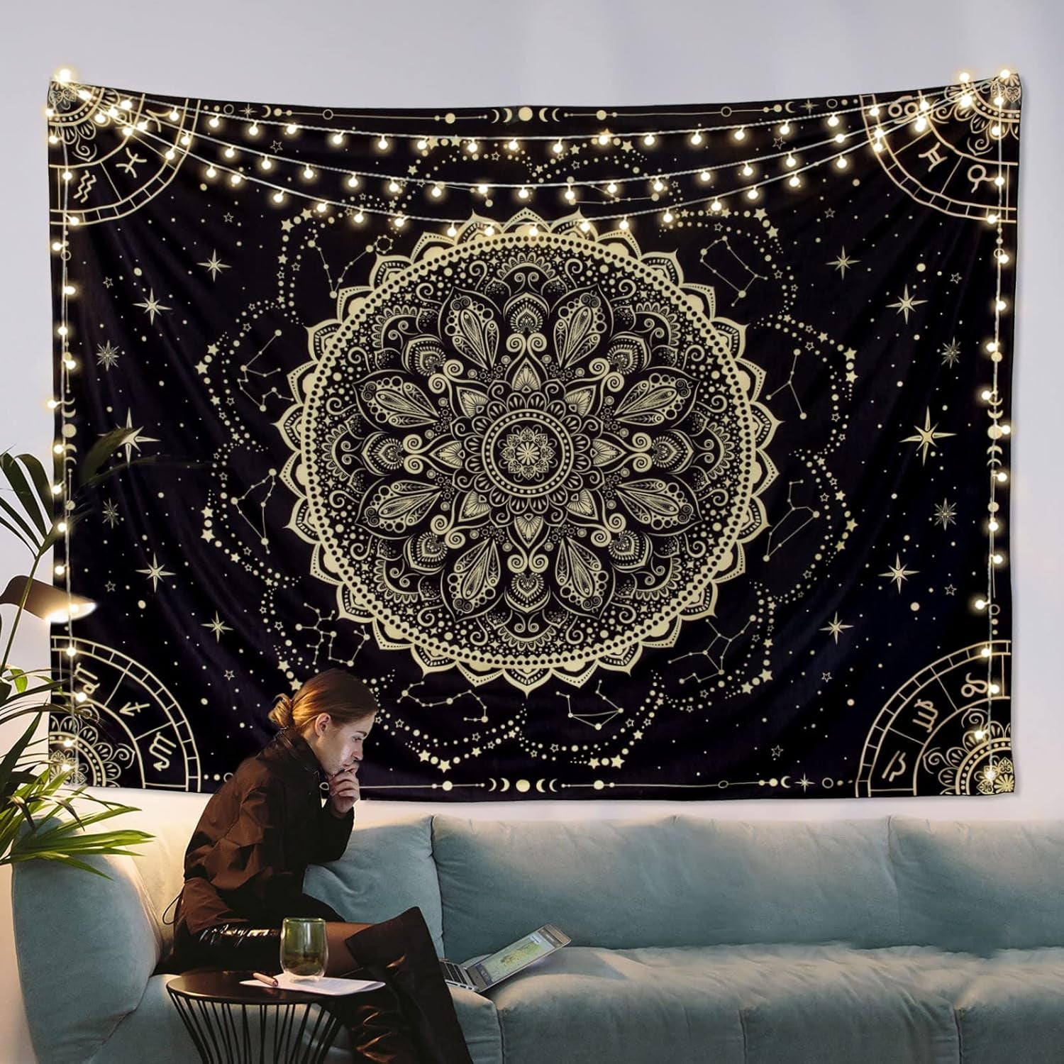 Black Golden Mandala Tapestry Astrology Space Wall Hanging Tapestries Wall Tapestrys Large Aesthetic Hippie Wall Decor Bohemian Wall Art Boho Home Talestry for Bedroom,Living Room,Ceiling