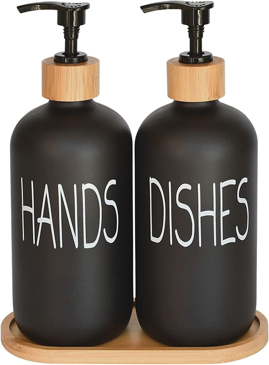 Glass Soap Dispenser Set with Bamboo Tray – Matte Black Vintage Pumps for Hand & Dish Soap, Kitchen & Bathroom Decor