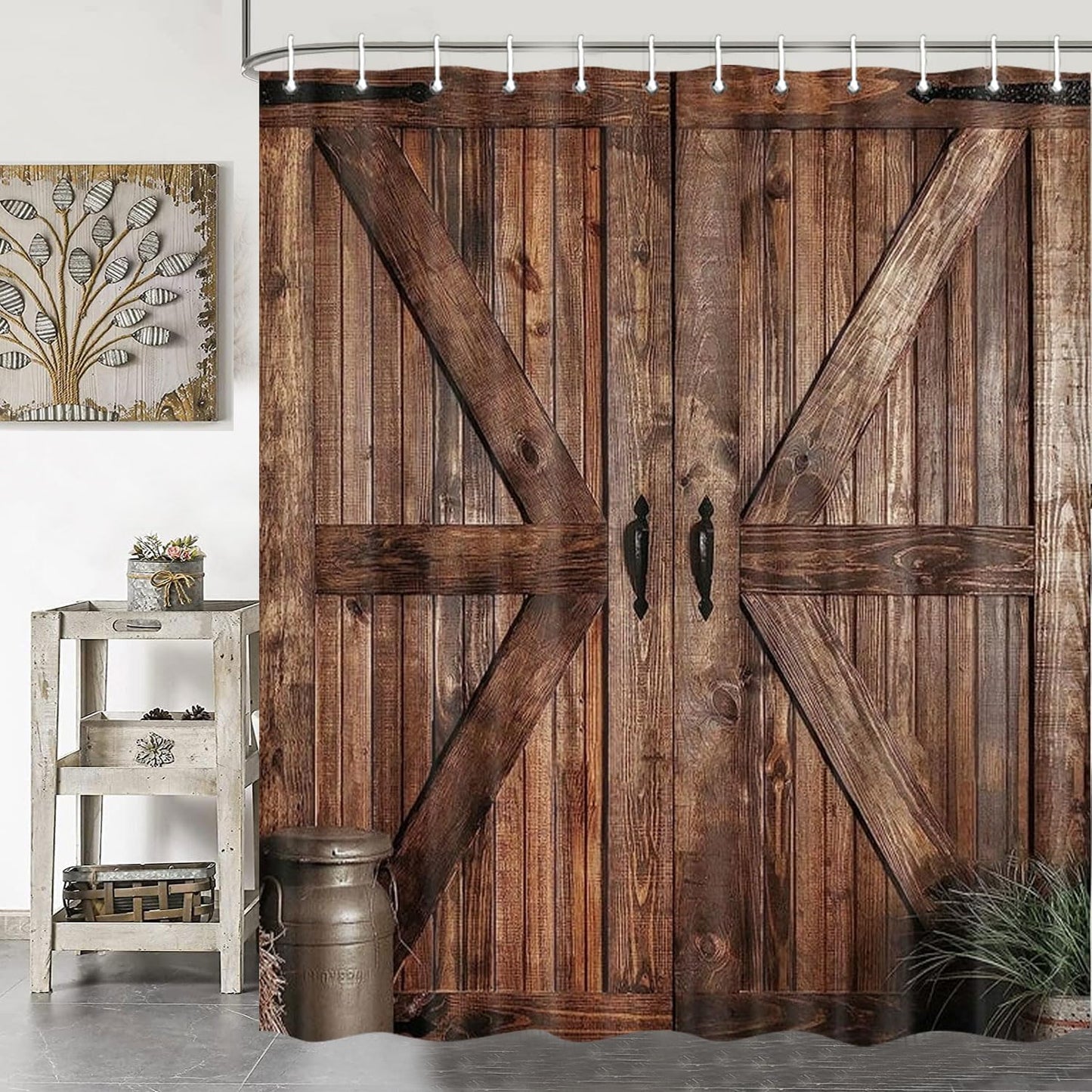Rustic Barn Door Shower Curtain Set - Farmhouse-Inspired Waterproof Bathroom Decor with Hooks, 70 x 72 Inches