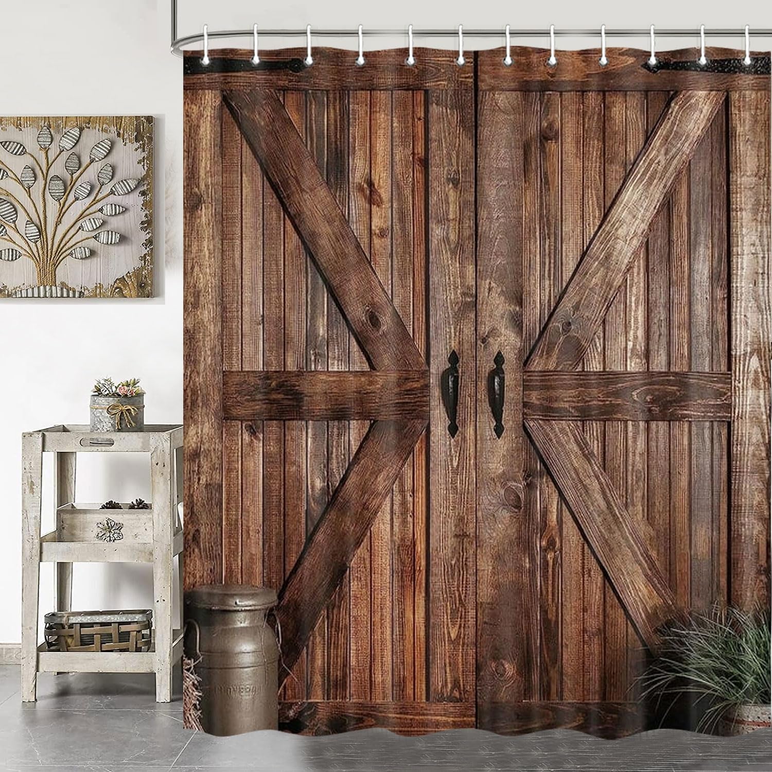 Rustic Barn Door Shower Curtain Set - Farmhouse-Inspired Waterproof Bathroom Decor with Hooks, 70 x 72 Inches