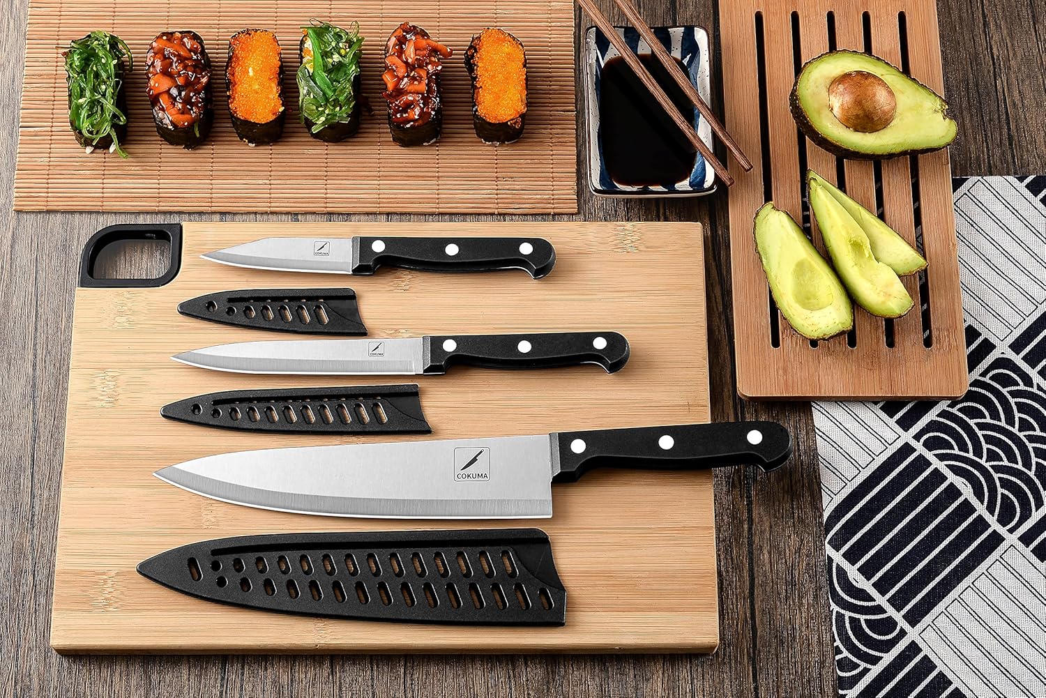3-Piece Kitchen Knife Set – Stainless Steel Chef, Utility & Paring Knives with Sheaths (Black)