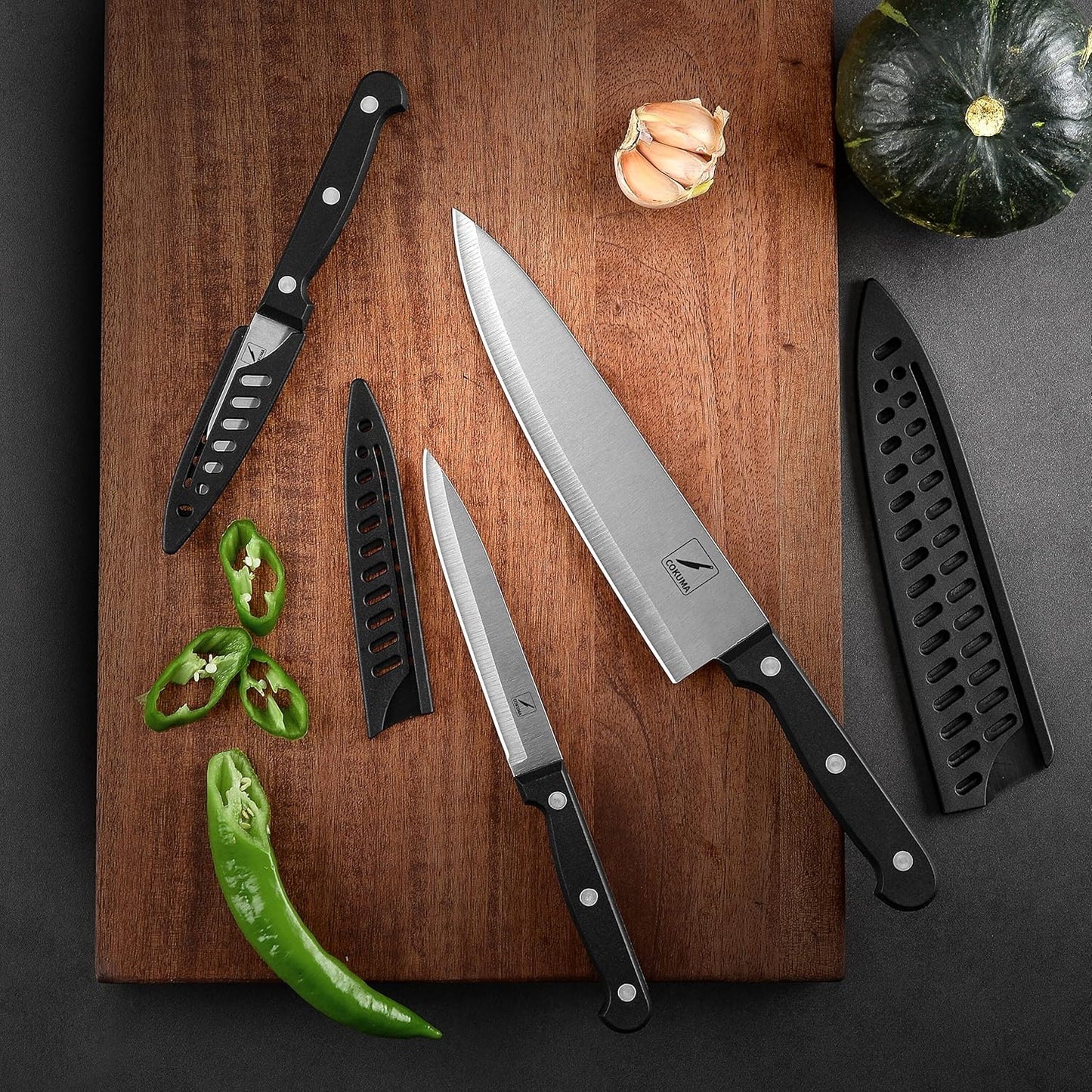 3-Piece Kitchen Knife Set – Stainless Steel Chef, Utility & Paring Knives with Sheaths (Black)