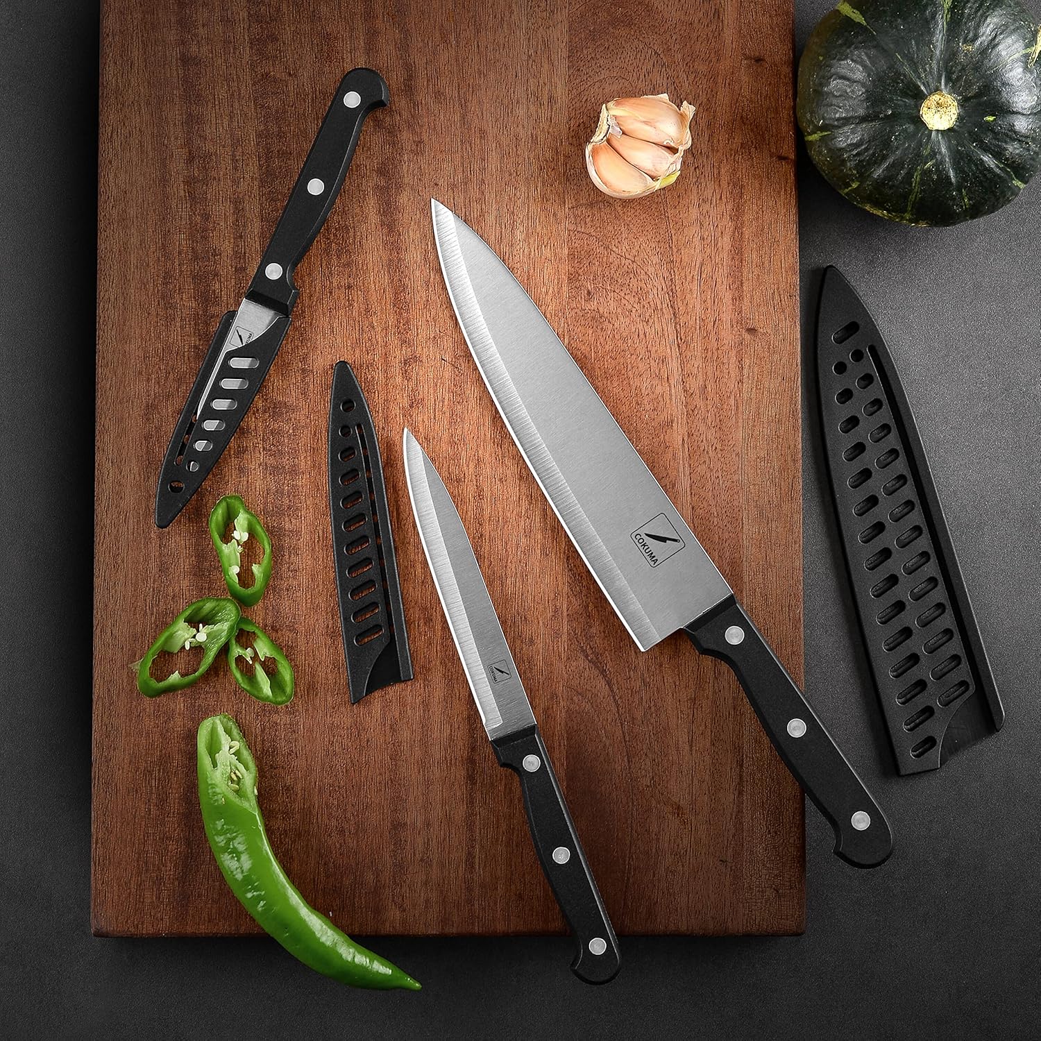 3-Piece Kitchen Knife Set – Stainless Steel Chef, Utility & Paring Knives with Sheaths (Black)