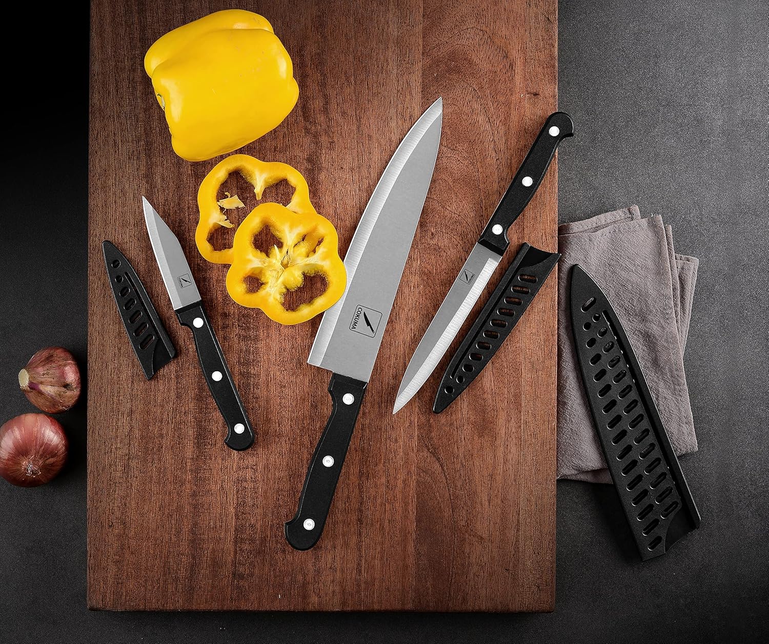 3-Piece Kitchen Knife Set – Stainless Steel Chef, Utility & Paring Knives with Sheaths (Black)