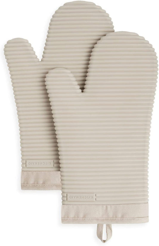 Soft Ribbed Silicone Oven Mitts – Heat-Resistant Kitchen Gloves Set (2-Pack, 7”x13”, Milkshake)