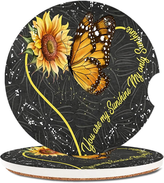 Butterfly Sunflower Absorbent Cup Holders Car Coasters,Ceramic Stone Drinks Coaster Set for Women Man 2.56"(2 Pack)