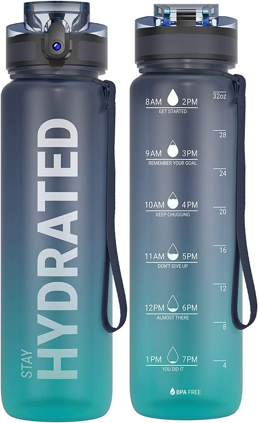 32oz Motivational Water Bottle – BPA-Free, Leakproof with Time Marker & Cleaning Brush (Wide Mouth Tritan Design)