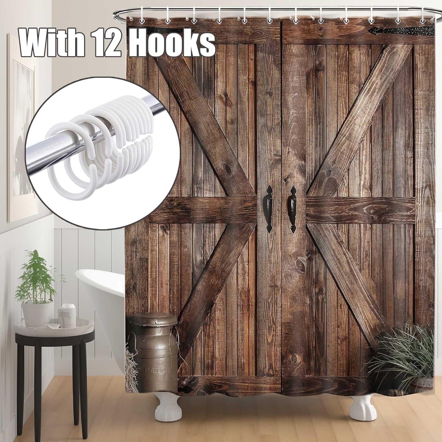 Rustic Barn Door Shower Curtain Set - Farmhouse-Inspired Waterproof Bathroom Decor with Hooks, 70 x 72 Inches