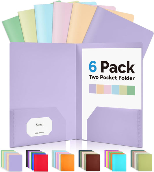 6-Pack Plastic Pocket Folders – Heavy Duty, 2-Pocket, Pastel Colors for School & Office