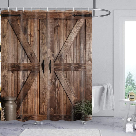 Rustic Barn Door Shower Curtain Set - Farmhouse-Inspired Waterproof Bathroom Decor with Hooks, 70 x 72 Inches