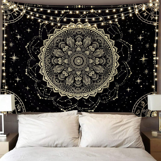 Black Golden Mandala Tapestry Astrology Space Wall Hanging Tapestries Wall Tapestrys Large Aesthetic Hippie Wall Decor Bohemian Wall Art Boho Home Talestry for Bedroom,Living Room,Ceiling