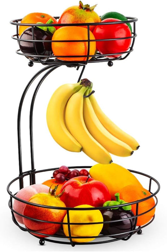 2-Tier Black Iron Fruit Basket Bowl with Banana Hanger – Countertop Storage for Fruits & Vegetables, 64 oz