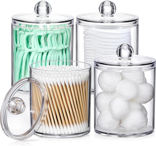 4-Pack Acrylic Qtip Holder Set – Clear Vanity Canisters for Cotton Swabs, Pads & Bathroom Essentials