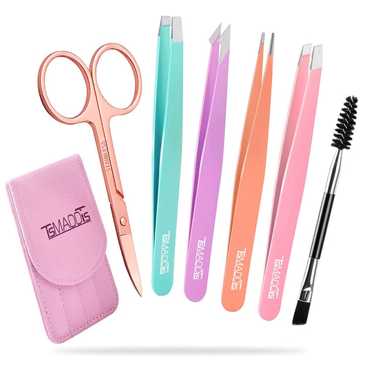 6-Piece Precision Tweezer & Curved Scissor Set for Eyebrow & Facial Hair – with Leather Travel Case