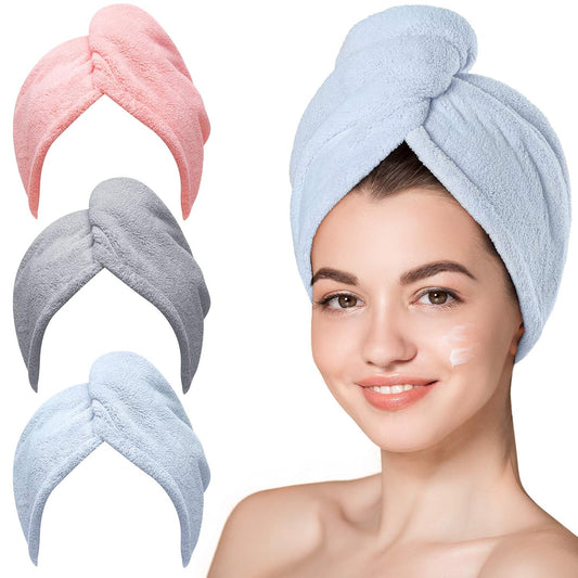 Microfiber Hair Towel Wrap – 3-Pack Quick-Dry Anti-Frizz Turbans for Women (Blue, Grey, Pink)