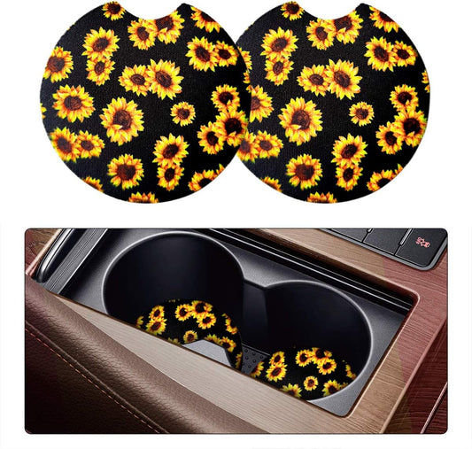 2 Pack Car Coasters for Drinks Absorbent - 2.75 Inch Cute Car Cup Holder Coasters for Women, Removable Cup Holder Coaster for Your Car, Car Interior Accessories for Women & Girls (Sunflower)