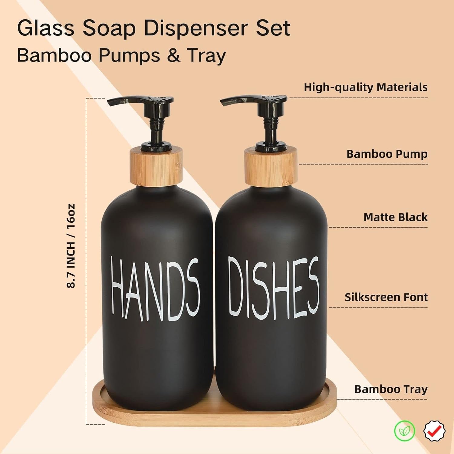 Glass Soap Dispenser Set with Bamboo Tray – Matte Black Vintage Pumps for Hand & Dish Soap, Kitchen & Bathroom Decor
