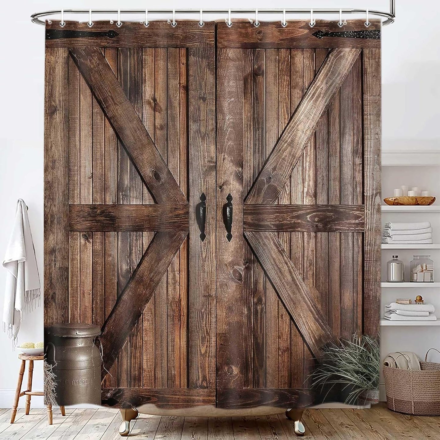 Rustic Barn Door Shower Curtain Set - Farmhouse-Inspired Waterproof Bathroom Decor with Hooks, 70 x 72 Inches