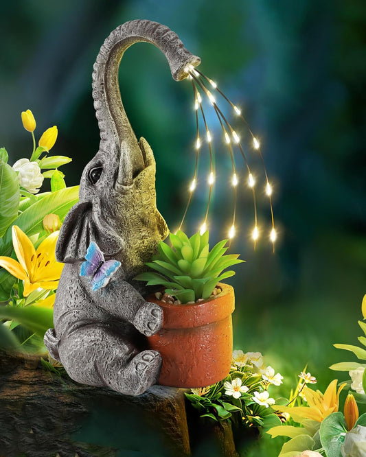 Solar Elephant Garden Statue with Succulent Planter – 11” Hand-Painted Resin Lawn Ornament