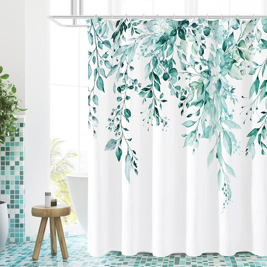Teal Eucalyptus Shower Curtain, Watercolor Plant Leaves with Floral Bathroom Shower Curtain Set with Hooks, 72X72