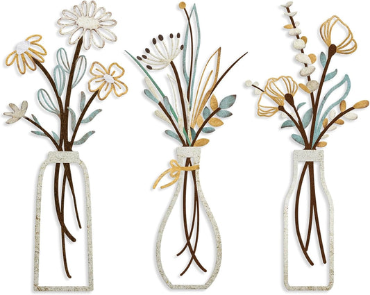 Rustic Beige Metal Flower Wall Art – 3-Piece Minimalist Farmhouse Wall Décor Set